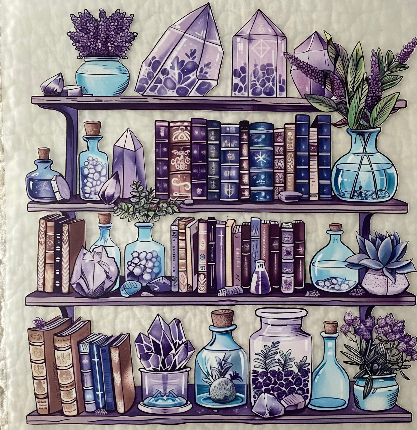 Crystals spell books shelf