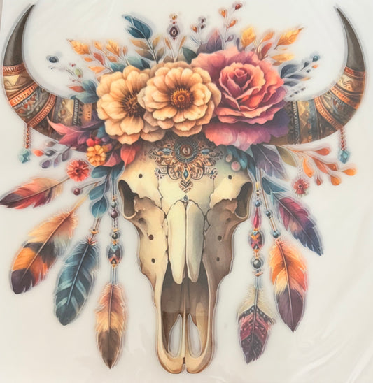 Feather floral bull skull