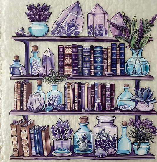 Crystals spell books shelf