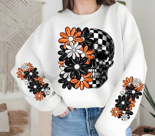 ORANGE BLACK FLORAL CHECKERED SKULL W/ SLEEVES
