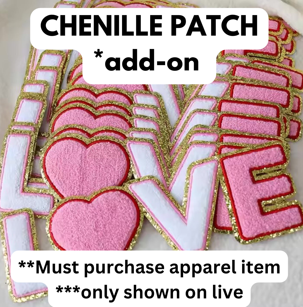 CHENILLE PATCHES **add on-must purchase an apparel item listing